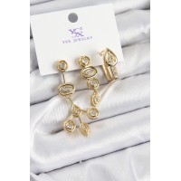 Pirinç Zİrkon Taşlı Geometrik Model Gold Renk 3'lü Kadın Küpe TJ-BKP10937