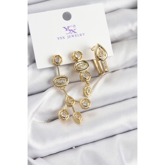 Pirinç Zİrkon Taşlı Geometrik Model Gold Renk 3'lü Kadın Küpe - TJ-BKP10937