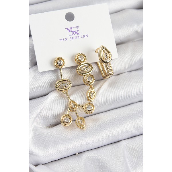 Pirinç Zİrkon Taşlı Geometrik Model Gold Renk 3'lü Kadın Küpe - TJ-BKP10937