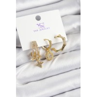 Pirinç Zİrkon Taşlı Sallantılı Yıldız Model Gold Renk 3'lü Kadın Küpe TJ-BKP10938
