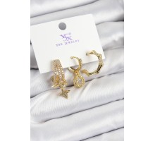 Pirinç Zİrkon Taşlı Sallantılı Yıldız Model Gold Renk 3'lü Kadın Küpe - TJ-BKP10938