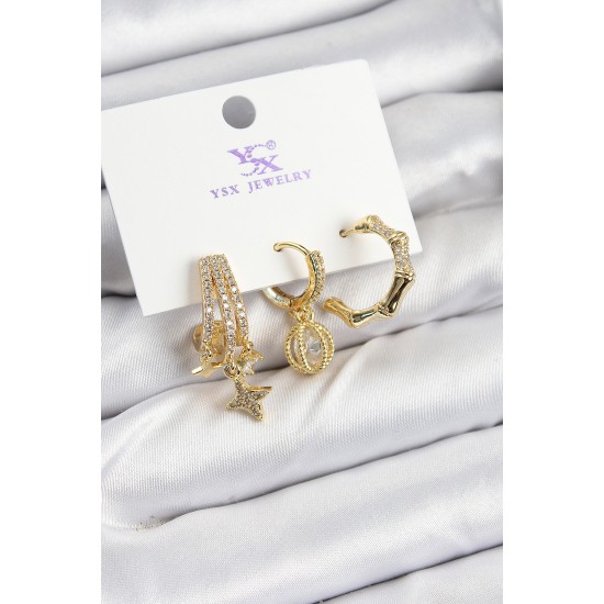Pirinç Zİrkon Taşlı Sallantılı Yıldız Model Gold Renk 3'lü Kadın Küpe - TJ-BKP10938