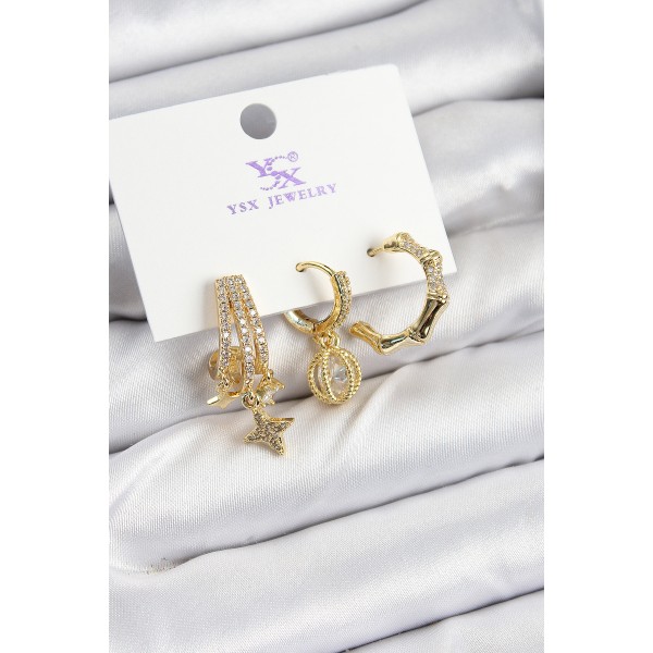 Pirinç Zİrkon Taşlı Sallantılı Yıldız Model Gold Renk 3'lü Kadın Küpe - TJ-BKP10938
