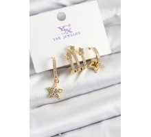 Pirinç Zİrkon Taşlı Sallantılı Yıldız Model Gold Renk 3'lü Kadın Küpe - TJ-BKP10940
