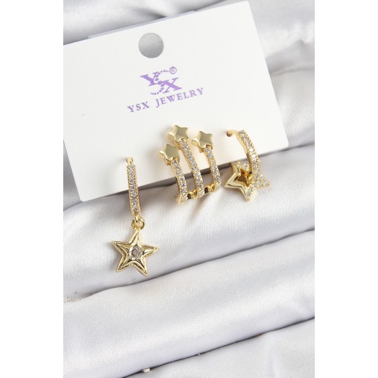 Pirinç Zİrkon Taşlı Sallantılı Yıldız Model Gold Renk 3'lü Kadın Küpe - TJ-BKP10940