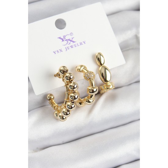 Pirinç Zİrkon Taşlı Halka Model Gold Renk 3'lü Kadın Küpe - TJ-BKP10941