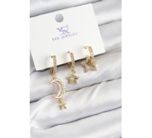 Pirinç Zİrkon Taşlı Ay Ve Hilal Model Gold Renk 3'lü Kadın Küpe - TJ-BKP10942