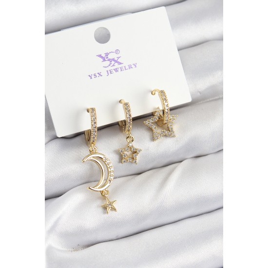 Pirinç Zİrkon Taşlı Ay Ve Hilal Model Gold Renk 3'lü Kadın Küpe - TJ-BKP10942