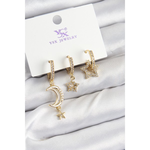 Pirinç Zİrkon Taşlı Ay Ve Hilal Model Gold Renk 3'lü Kadın Küpe - TJ-BKP10942