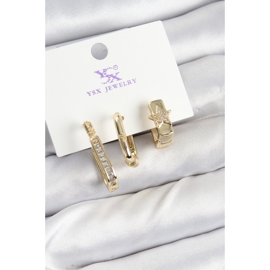 Pirinç Zİrkon Taşlı Yıldız Model Gold Renk 3'lü Kadın Küpe - TJ-BKP10943