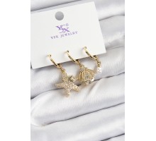 Pirinç Zİrkon Taşlı Deniz Yıldızı Ve İstiridye Model Gold Renk 3'lü Kadın Küpe - TJ-BKP10944