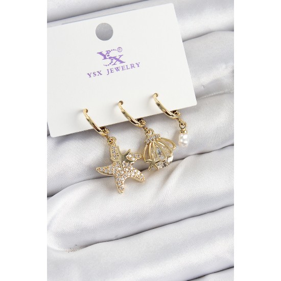 Pirinç Zİrkon Taşlı Deniz Yıldızı Ve İstiridye Model Gold Renk 3'lü Kadın Küpe - TJ-BKP10944