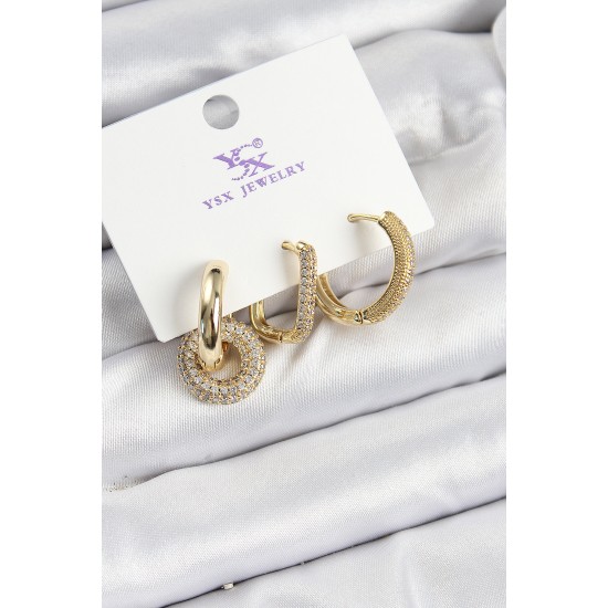 Pirinç Zİrkon Taşlı Halka Model Gold Renk 3'lü Kadın Küpe - TJ-BKP10945