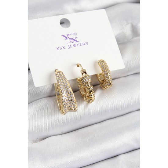 Pirinç Zİrkon Taşlı Halka Model Gold Renk 3'lü Kadın Küpe - TJ-BKP10946