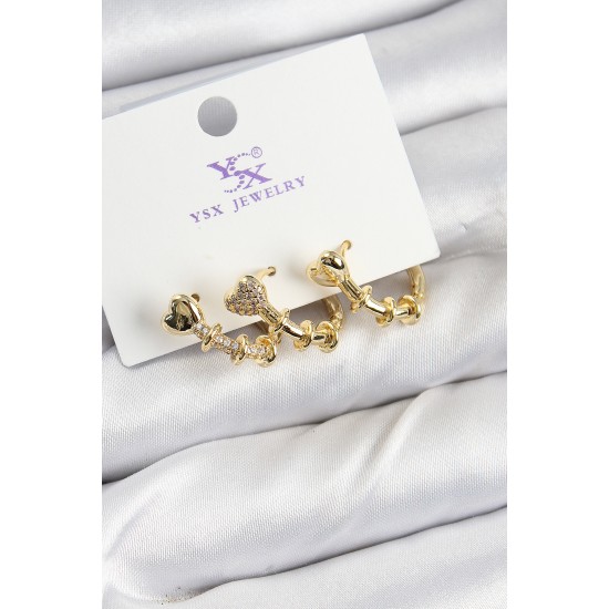 Pirinç Zİrkon Taşlı Kalp Model Gold Renk 3'lü Kadın Küpe - TJ-BKP10947