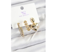 Pirinç Zİrkon Taşlı Kalp Model Gold Renk 3'lü Kadın Küpe - TJ-BKP10948