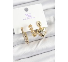 Pirinç Zİrkon Taşlı Kalp Model Gold Renk 3'lü Kadın Küpe - TJ-BKP10948