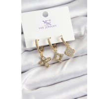 Pirinç Zİrkon Taşlı Yonca Model Gold Renk 3'lü Kadın Küpe - TJ-BKP10949