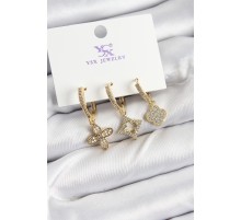 Pirinç Zİrkon Taşlı Yonca Model Gold Renk 3'lü Kadın Küpe - TJ-BKP10949