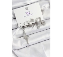 Pirinç Zİrkon Taşlı Kutup Yıldızı Model Gümüş Renk 3'lü Çift Kadın Küpe - TJ-BKP10950