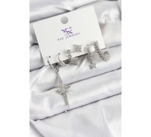 Pirinç Zİrkon Taşlı Kutup Yıldızı Model Gümüş Renk 3'lü Çift Kadın Küpe - TJ-BKP10950