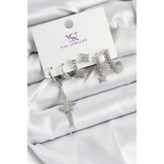 Pirinç Zİrkon Taşlı Kutup Yıldızı Model Gümüş Renk 3'lü Çift Kadın Küpe - TJ-BKP10950