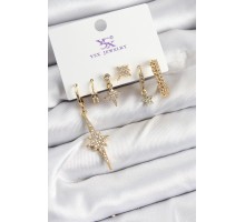 Pirinç Zİrkon Taşlı Kutup Yıldızı Model Gold Renk 3'lü Çift Kadın Küpe - TJ-BKP10951