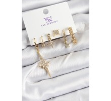 Pirinç Zİrkon Taşlı Kutup Yıldızı Model Gold Renk 3'lü Çift Kadın Küpe - TJ-BKP10951