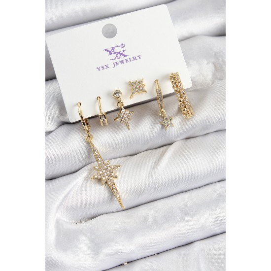 Pirinç Zİrkon Taşlı Kutup Yıldızı Model Gold Renk 3'lü Çift Kadın Küpe - TJ-BKP10951