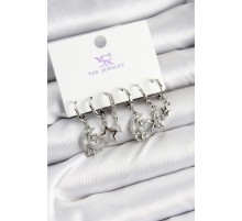 Pirinç Zİrkon Taşlı Ay ve Yıldız Model Gümüş Renk 3'lü Çift Kadın Küpe - TJ-BKP10952