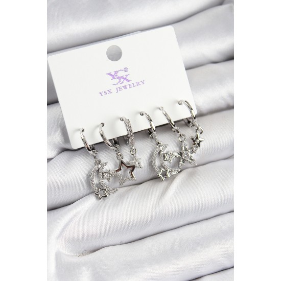 Pirinç Zİrkon Taşlı Ay ve Yıldız Model Gümüş Renk 3'lü Çift Kadın Küpe - TJ-BKP10952