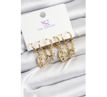Pirinç Zİrkon Taşlı Ay ve Yıldız Model Gold Renk 3'lü Çift Kadın Küpe - TJ-BKP10953