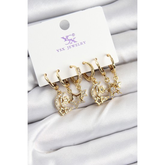 Pirinç Zİrkon Taşlı Ay ve Yıldız Model Gold Renk 3'lü Çift Kadın Küpe - TJ-BKP10953