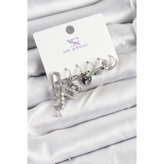 Pirinç Zİrkon Taşlı Dikdörtgen Model Gümüş Renk 3'lü Çift Kadın Küpe - TJ-BKP10954