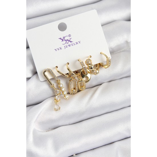 Pirinç Zİrkon Taşlı Dikdörtgen Model Gümüş Renk 3'lü Çift Kadın Küpe - TJ-BKP10955