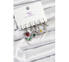 Pirinç Zİrkon Taşlı Gül Ve Papatya Model Gümüş Renk 3'lü Çift Kadın Küpe - TJ-BKP10956