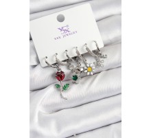 Pirinç Zİrkon Taşlı Gül Ve Papatya Model Gümüş Renk 3'lü Çift Kadın Küpe - TJ-BKP10956