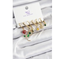 Pirinç Zİrkon Taşlı Gül Ve Papatya Model Gold Renk 3'lü Çift Kadın Küpe - TJ-BKP10957
