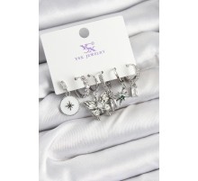 Pirinç Zİrkon Taşlı Kelebek ve Yıldız Model Gümüş Renk 3'lü Çift Kadın Küpe - TJ-BKP10958