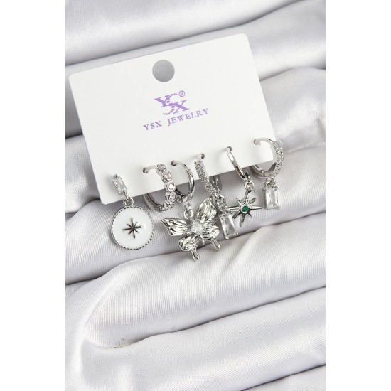 Pirinç Zİrkon Taşlı Kelebek ve Yıldız Model Gümüş Renk 3'lü Çift Kadın Küpe - TJ-BKP10958