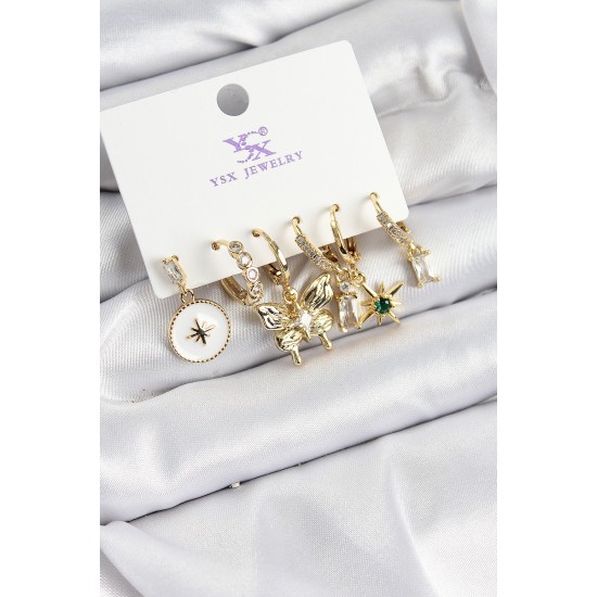 Pirinç Zİrkon Taşlı Kelebek ve Yıldız Model Gold Renk 3'lü Çift Kadın Küpe - TJ-BKP10959