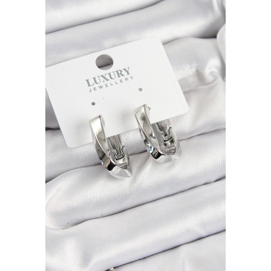 Pirinç Kıvrımlı Dikdörtgen Model Gümüş Renk Kadın Küpe - TJ-BKP10963