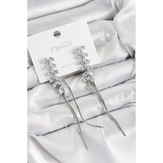 Pirinç Zirkon Taşlı Sallantılı Model Gümüş Renk 925 Ayar Gümüş Çivi Kadın Küpe - TJ-BKP10965