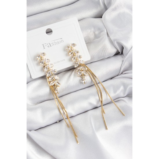 Pirinç Zirkon Taşlı Sallantılı Model Gold Renk 925 Ayar Gümüş Çivi Kadın Küpe - TJ-BKP10966