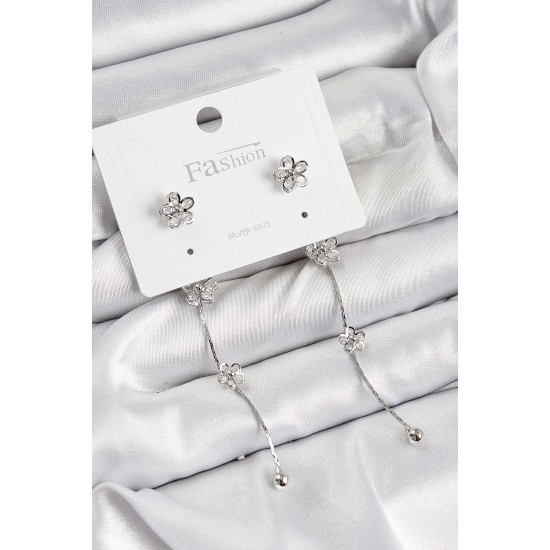 Pirinç Zirkon Taşlı Sallantılı Çiçek Model Gümüş Renk 925 Ayar Gümüş Çivi Kadın Küpe - TJ-BKP10967