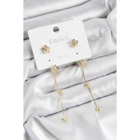 Pirinç Zirkon Taşlı Sallantılı Çiçek Model Gold Renk 925 Ayar Gümüş Çivi Kadın Küpe - TJ-BKP10968