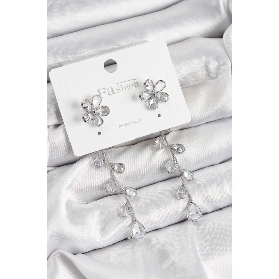 Pirinç Zirkon Taşlı Sallantılı Çiçek Model Gümüş Renk 925 Ayar Gümüş Çivi Kadın Küpe - TJ-BKP10969