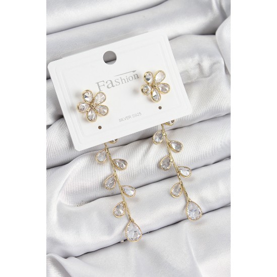 Pirinç Zirkon Taşlı Sallantılı Çiçek Model Gold Renk 925 Ayar Gümüş Çivi Kadın Küpe - TJ-BKP10970