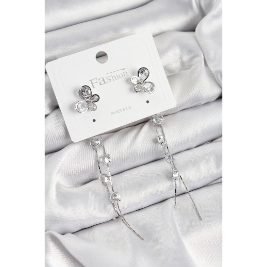 Pirinç Zirkon Taşlı Sallantılı Kelebek Model Gümüş Renk 925 Ayar Gümüş Çivi Kadın Küpe - TJ-BKP10971