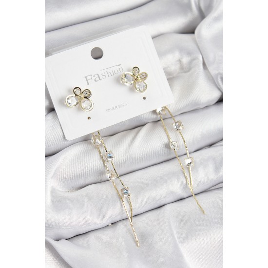 Pirinç Zirkon Taşlı Sallantılı Kelebek Model Gold Renk 925 Ayar Gümüş Çivi Kadın Küpe - TJ-BKP10972